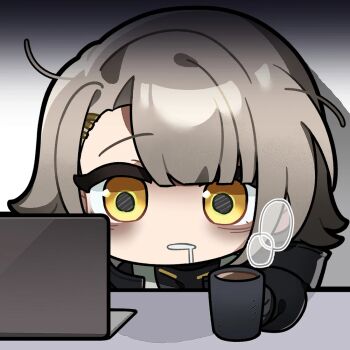 1girl artist_request bags_under_eyes black_gloves black_jacket chibi chibi_only chinese_commentary coffee_mug computer cup drooling exhausted girls'_frontline girls'_frontline_2:_exilium gloves grey_hair jacket laptop looking_at_screen mug official_art saliva second-party_source solo vector_(girls'_frontline) vector_(girls'_frontline_2) yellow_eyes