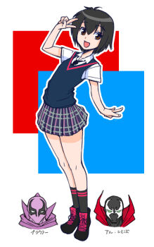 Rule 34 | 1girl, 2boys, :d, antenna hair, arm behind back, black hair, black mask, black necktie, black shoes, black skirt, black socks, black sweater vest, blue background, breasts, brown eyes, cape, commentary, comparison, dress shirt, high tops, highres, marvel, miniskirt, multiple boys, necktie, open mouth, outline, peni parker, plaid clothes, plaid skirt, pleated skirt, prowler (marvel), purple cape, purple mask, raised eyebrows, rectangle, red background, red cape, ruriwo (ruriwo1894), salute, school uniform, shirt, shoes, short hair, short sleeves, skirt, small breasts, smile, sneakers, socks, solo, spawn (comic), spawn (spawn), spider-man: into the spider-verse, spider-man (series), spider-verse, sweater vest, translated, v, v over eye, very short hair, white background, white outline, white shirt