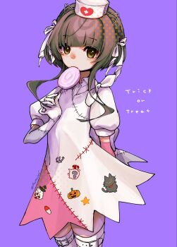 1girl arm_behind_back blush brown_eyes brown_hair candy commentary_request dress food hair_ribbon halloween halloween_costume hat highres holding holding_candy holding_food holding_lollipop kantai_collection kusomisoni lollipop looking_at_viewer nurse_cap patchwork_clothes patchwork_skin purple_background ribbon short_hair_with_long_locks short_sleeves simple_background solo swirl_lollipop trick_or_treat ukuru_(halloween)_(kancolle) ukuru_(kancolle) white_dress white_hat white_ribbon