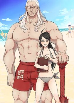 2boys 4girls alternate_costume artist_self-insert beach bikini book chrom_(fire_emblem) couple female_robin_(fire_emblem) fire_emblem fire_emblem_awakening hetero highres himonozato holding holding_book lissa_(fire_emblem) maribelle_(fire_emblem) multiple_boys multiple_girls muscular muscular_male nintendo ocean outdoors sand size_difference sumia_(fire_emblem) swimsuit topless_male walhart_(fire_emblem)