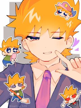 1boy alternate_costume animification black_jacket blush_stickers chibi chibi_inset commentary_request eddsworld formal_clothes hat heart highres holding holding_mirror holding_mop jacket looking_at_viewer male_focus matt_(eddsworld) mettya_329 mirror mop multiple_persona necktie official_alternate_costume one_eye_closed orange_hair purple_eyes purple_necktie shirt single_blush_sticker smile solo_focus sparkling_eyes suit upper_body vampire white_shirt