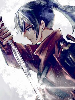 1boy absurdres black_hair closed_mouth drawing_sword floating_hair high_ponytail highres holding holding_sword holding_weapon jacket looking_ahead male_focus noah_(xenoblade) ponytail red_jacket signature solo sword toosut0 weapon xenoblade_chronicles_(series) xenoblade_chronicles_3