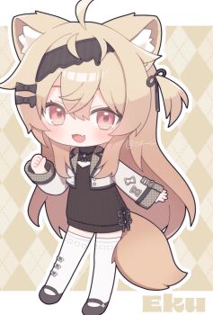 Rule 34 | 1girl, :d, akikan sabako, animal ear fluff, animal ears, argyle background, artist name, black dress, black hairband, black shoes, blonde hair, blush, character name, chibi, chibi only, commentary request, double-parted bangs, dress, eku (vrchat), fang, fox ears, fox girl, fox tail, full body, hair between eyes, hairband, hand up, highres, jacket, letterboxed, long hair, long sleeves, looking at viewer, open clothes, open jacket, open mouth, outline, outside border, red eyes, shoes, skin fang, smile, solo, standing, tail, thighhighs, very long hair, vrchat, white jacket, white outline, white thighhighs, yellow background