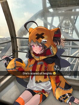 1girl ahoge animal_ear_hood animal_ears ayemuffuff fake_animal_ears gigi_murin gigi_murin_(1st_costume) hair_through_hood highres hololive hololive_english hood hooded_shrug hoodie huge_ahoge orange_hood orange_hoodie orange_shrug orange_thighhighs panther_ears panther_girl shrug_(clothing) snapchat thighhighs virtual_youtuber winding_key