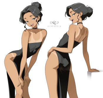 1girl absurdres arched_back arm_support artist_name ass bare_arms bare_shoulders black_choker black_dress black_eyes black_hair choker commentary commentary_request dark-skinned_female dark_skin dress earrings english_commentary feet_out_of_frame flat_chest hair_bun hands_on_own_knees highres jewelry latin_commentary leaning_forward looking_at_viewer multiple_views open_mouth original otokakoto pelvic_curtain simple_background single_hair_bun smile standing strapless strapless_dress stud_earrings tan tanline white_background