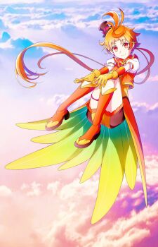 Rule 34 | 1boy, above clouds, antenna hair, black hat, black shorts, boots, closed mouth, cloud, coattails, cropped jacket, cure wing, day, earrings, floating, frilled shorts, frills, gloves, hat, highres, hirogaru sky! precure, hugging own legs, jacket, jewelry, knee boots, knees up, kyoutsuugengo, layered gloves, leg ribbon, long hair, looking at viewer, low ponytail, male focus, mini hat, mini top hat, open clothes, open jacket, orange boots, orange gloves, orange hair, orange jacket, orange vest, outdoors, ponytail, precure, puffy short sleeves, puffy sleeves, red eyes, ribbon, short shorts, short sleeves, shorts, smile, tailcoat, tilted headwear, top hat, twilight, two-sided fabric, very long hair, vest, yuunagi tsubasa