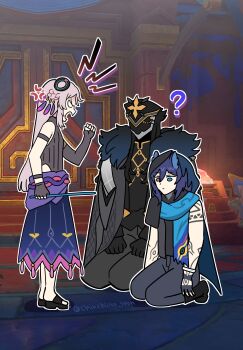 1girl 2boys ? absurdres anger_vein animal_ears architecture arm_strap arms_at_sides asymmetrical_gloves bat_ears black_cape black_coat black_footwear black_gloves black_hood black_leotard black_pants black_shirt blue_cape blue_scarf blue_trim body_markings braid cape capitano_(genshin_impact) citlali_(genshin_impact) clenched_hand clenched_hands closed_mouth clothing_cutout coat commentary_request door elbow_gloves expressionless family feather_hair_ornament feathers fingerless_gloves fur-trimmed_collar fur_collar fur_trim genshin_impact gloves gold_trim grandmother_and_grandson hair_between_eyes hair_ornament hair_rings hand_up height_difference heterochromia highres hip_vent holding holding_stick kneeling korean_commentary legs_together leotard long_hair mask meme mesoamerican_architecture mom_scolding_her_kid_and_husband_(meme) multiple_boys ooyun open_mouth ororon_(genshin_impact) overskirt pants pink_hair pink_skirt purple_hair purple_skirt sandals scarf scolding seiza shaded_face shadow shirt shoulder_strap sidelocks sitting skirt stick tassel v-shaped_eyebrows white_eyes