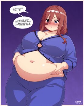 1girl absurdres alternate_body_size artist_name belly belly_grab blue_eyes blush border breasts brown_hair buttons cleavage closed_mouth commentary cowboy_shot english_commentary english_text fat fat_woman go-toubun_no_hanayome gradient_background hair_between_eyes highres large_breasts long_sleeves nakano_miku outside_border partially_unbuttoned puffersnacks purple_background solo speech_bubble thick_thighs thighs weight_conscious white_border