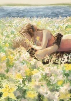 1boy 1girl aerith_gainsborough arms_around_waist bangle bare_shoulders black_gloves black_shirt blonde_hair bracelet brown_hair canteatea choker closed_eyes cloud_strife commentary couple dress english_commentary field final_fantasy final_fantasy_vii final_fantasy_vii_rebirth final_fantasy_vii_remake flower flower_choker flower_field gloves hair_ribbon hand_on_another's_cheek hand_on_another's_face hetero highres jewelry kiss lily_(flower) long_hair meadow outdoors parted_bangs pink_dress pink_ribbon ribbon shirt short_hair sidelocks sleeveless sleeveless_dress sleeveless_turtleneck turtleneck yellow_flower