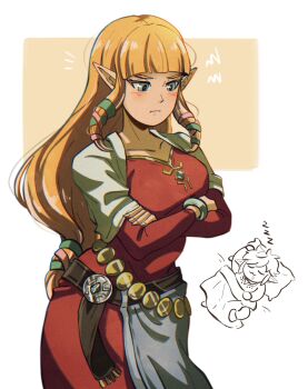 1boy 1girl belt blonde_hair bracelet collarbone commentary crossed_arms dress embarrassed english_commentary highres jewelry link long_hair nintendo pichichustudio pointy_ears princess_zelda red_dress sidelocks sleeping the_legend_of_zelda the_legend_of_zelda:_skyward_sword