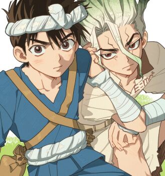 2boys arm_wrap bandaged_arm bandages black_hair blue_pants blue_shirt brown_eyes brown_hair chrome_(dr._stone) closed_mouth cracked_skin dr._stone e=mc2_(equation) gradient_hair green_hair hair_between_eyes hashtag-only_commentary headband highres ishigami_senkuu looking_at_viewer male_focus multicolored_hair multiple_boys myhellody pants red_eyes shirt short_hair sitting spiked_hair white_hair