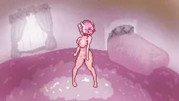 1girl animated animated_gif bed bedroom bouncing_breasts breasts dancing drill_hair hair_ribbon hyperlolicrisis jashin-chan_dropkick large_breasts looping_animation nipples nude pink_background pink_hair pino_(jashin-chan_dropkick) pixel_art pussy ribbon window