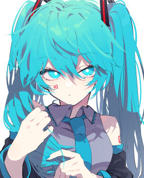 1girl absurdres blue_eyes blue_hair blue_nails blue_necktie blush bright_pupils collared_shirt commentary_request detached_sleeves eyelashes frown grey_shirt hair_between_eyes hatsune_miku highres long_hair looking_at_viewer necktie nekoma_hikaru shirt shoulder_tattoo simple_background sleeveless sleeveless_shirt solo tattoo twintails upper_body vocaloid white_background white_pupils