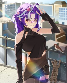 Rule 34 | 1girl, absurdres, bandaid, bandaid on face, bandaid on nose, bird, black gloves, black shirt, bone hair ornament, breasts, cat, commentary, elbow gloves, english commentary, fingerless gloves, gloves, hair ornament, heart, highres, indie virtual youtuber, lens flare, long hair, looking at viewer, michi mochievee, multicolored hair, purple hair, railing, ringed eyes, rooftop, shirt, short twintails, smile, solo, star (symbol), star hair ornament, streaked hair, thighhighs, thighs, twintails, virtual youtuber, white hair, yuika yui