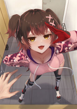 1girl absurdres breasts brown_eyes brown_hair cleavage commentary_request drawstring felix840727 gloves half_gloves hand_on_own_hip highres hololive hood hoodie long_sleeves looking_at_viewer medium_breasts open_mouth paw_print pink_hoodie pov purple_shirt red_gloves roboco-san roboco-san_(hoodie) shadow shirt shoes short_twintails smile solo solo_focus twintails unworn_shoes virtual_youtuber