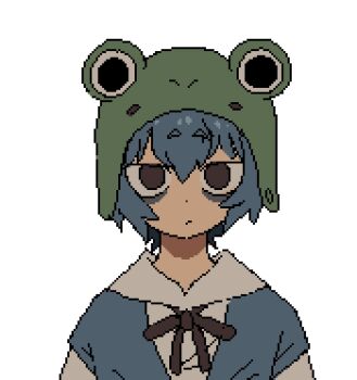 Rule 34 | 1girl, animal hood, ayanami rei, bags under eyes, blue hair, bow, brandon (badger g), closed mouth, facing viewer, frog hood, hair between eyes, highres, hood, looking at viewer, neon genesis evangelion, pixel art, red bow, red eyes, ribbon, school uniform, shirt, short hair, simple background, solo, tokyo-3 middle school uniform, white background, white shirt