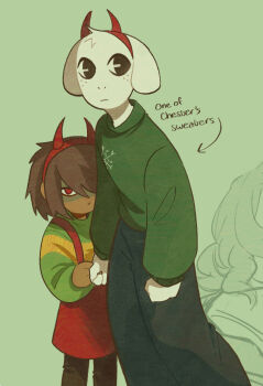 1boy 1other black_eyes black_pants cherriinie commentary deltarune english_commentary english_text fake_horns furry furry_male goat_boy green_sweater hairband highres horn_hairband horns kris_(deltarune) pants red_eyes red_hairband red_horns red_skirt skirt suspender_skirt suspenders sweater togore_dreemurr utdr_(toby_fox)