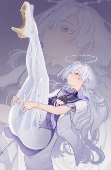 1girl anho ass blush breasts colored_eyelashes commentary_request crystal_shards dress earrings full_body gradient_clothes grey_hair hair_ornament hair_over_one_eye halo highres jacket jewelry long_hair lying mornye_(wuthering_waves) multiple_rings on_back purple_dress red_eyes ring see-through_body small_breasts solo tacet_mark_(wuthering_waves) thighs triangle_earrings white_halo white_jacket wuthering_waves