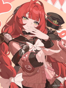 1girl absurdres animal animal_on_shoulder antenna_hair black_hat black_sailor_collar black_skirt blush braid braided_twintails brown_background cardigan charm_(object) chest_bow closed_mouth commentary_request covering_own_mouth green_eyes hair_ornament hair_ribbon hat head_tilt hearing_aid heart highres jizaier kamanosuke_(zenless_zone_zero) long_hair looking_at_viewer nail_polish pink_cardigan pointing pointing_at_viewer raccoon red_hair ribbon sailor_collar skirt sphere_hair_ornament tanuki ukinami_yuzuha upper_body white_ribbon zenless_zone_zero