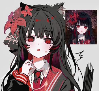 1girl ^^^ animal_ears black_hair black_shirt cat_ears cat_girl cat_tail collared_shirt commentary flower grey_background hair_flower hair_ornament hand_up highres kemonomimi_mode long_hair long_sleeves looking_at_viewer mahou_shoujo_no_majo_saiban necktie nikaido_hiro open_mouth red_eyes red_flower red_necktie reference_inset screenshot_inset shirt smzchika solo surprised sweatdrop symbol-only_commentary tail triangle_mouth upper_body