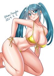 Rule 34 | 1girl, absurdres, bikini, blue eyes, breasts, dated, front-tie bikini top, front-tie top, highres, isuzu (kancolle), kantai collection, katou shinobu, kneeling, large breasts, long hair, looking at viewer, one-hour drawing challenge, side-tie bikini bottom, simple background, smile, solo, swimsuit, twitter username, white background