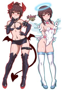 2girls armlet black_gloves black_skirt blush boots breasts brown_hair choker cleavage demon_horns demon_tail double_v dual_persona elbow_gloves full_body gloves halo high_heels horns jewelry kono_subarashii_sekai_ni_shukufuku_wo! leotard looking_at_viewer medium_breasts megumin miniskirt multiple_girls naughty_face navel_piercing piercing red_eyes sebasdono shiny_skin short_hair short_hair_with_long_locks simple_background skirt smile spiked_armlet standing tail thigh_boots thighhighs thighlet v white_background white_gloves white_leotard white_thighhighs wrist_cuffs