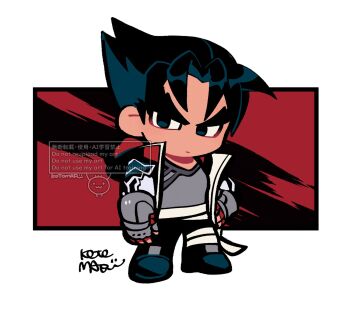 1boy black_hair chibi chibi_only closed_mouth commentary fingerless_gloves full_body gloves grey_shirt highres kazama_jin kotorai looking_at_viewer male_focus no_nose shirt sideburns solo spiked_hair standing symbol-only_commentary tekken thick_eyebrows v-shaped_eyebrows