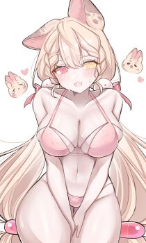 1girl @_@ absurdres alice_thymefield alternate_costume animal_ears between_legs bikini blonde_hair blush braid breasts cleavage collarbone commentary cowboy_shot doodle_inset double-parted_bangs english_commentary facing_viewer fang hair_between_eyes hand_between_legs heart heterochromia highres large_breasts long_hair looking_to_the_side low_twintails navel open_mouth pink_bikini rabbit_ears rabbit_girl red_eyes rosheil skin_fang solo sweat swimsuit thighs twintails white_background yellow_eyes zenless_zone_zero