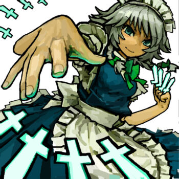 1girl aoiseshin apron arm_up blue_dress blue_eyes bow braid breasts closed_mouth cowboy_shot danmaku dress dutch_angle frilled_apron frills grey_hair hair_bow holding holding_knife izayoi_sakuya knife maid maid_apron maid_headdress medium_breasts medium_hair smile solo touhou twin_braids white_background