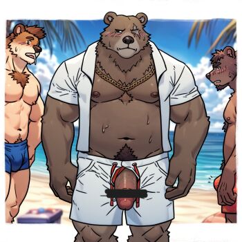 3boys abs bara bare_pectorals beach belly ben_bigger biceps blue_male_swimwear blue_sky blush brown_fur brown_hair bulge censored chain chain_necklace chest_hair closed_mouth cloud cloudy_sky coconut_tree erection erection_under_clothes fat fat_man furry furry_male jewelry looking_at_another looking_to_the_side male_focus male_swimwear multiple_boys muscular muscular_male navel necklace nipples notice_lines ocean open_clothes open_mouth open_shirt orange_shorts palm_tree pectorals peisuky penis scar scar_across_eye scar_on_face shirt shorts sky sweat topless_male tree veins veiny_penis very_sweaty white_shirt white_shorts zenless_zone_zero