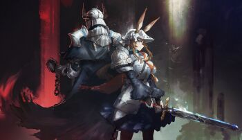 1girl 1other absurdres alternate_costume ambiguous_gender amiya_(arknights) animal_ears arknights armor armored_dress black_cape black_dress blue_eyes breastplate bridal_gauntlets brown_hair cape commentary doctor_(arknights) dress english_commentary fake_horns faulds franlol full_armor gauntlets helmet highres holding holding_sword holding_weapon horned_helmet horns pauldrons rabbit_ears rabbit_girl shoulder_armor sidelocks sword weapon