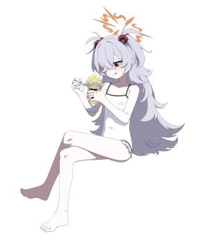 1girl absurdres alternate_costume artpatient bare_arms bare_legs bare_shoulders barefoot blue_archive breasts brown_eyes brown_halo crossed_legs food frilled_one-piece_swimsuit frills full_body grey_hair hair_over_one_eye halo highres holding holding_food holding_ice_cream holding_spoon ice_cream kanoe_(blue_archive) long_hair looking_at_food looking_at_object one-piece_swimsuit small_breasts solo spoon swimsuit tongue tongue_out white_one-piece_swimsuit