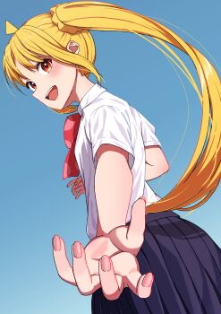 Rule 34 | 1girl, :d, absurdres, ahoge, black skirt, blonde hair, blue background, bocchi the rock!, bow, bowtie, braid, choppy bangs, commentary request, cowboy shot, fingernails, floating hair, foreshortening, from side, gradient background, highres, ijichi nijika, long hair, looking at viewer, looking to the side, open mouth, pleated skirt, polka dot, polka dot bow, polka dot bowtie, pov, reaching, reaching towards viewer, red bow, red bowtie, red eyes, school uniform, shimizu keitaro, shimokitazawa high school uniform, shirt, short sleeves, side ponytail, side ponytail with braided base, skirt, smile, solo, turning head, white shirt