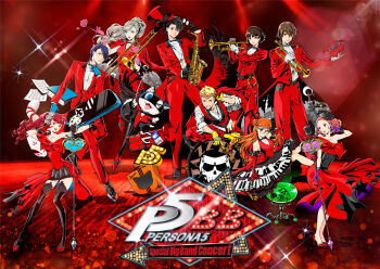 Rule 34 | akechi gorou, amamiya ren, dress, drum, formal clothes, hat, highres, holding, holding instrument, holding saxophone, holding trumpet, instrument, kitagawa yuusuke, looking at viewer, microphone, morgana (persona 5), niijima makoto, official alternate costume, official alternate hairstyle, official art, okumura haru, persona, persona 5, persona 5 the royal, promotional art, red dress, red suit, saitou rokuro, sakamoto ryuuji, sakura futaba, saxophone, suit, takamaki anne, top hat, trumpet, yoshizawa kasumi
