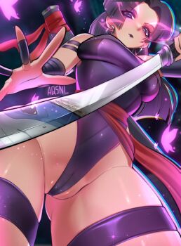1girl aquillasnail artist_name black_hair black_lips breasts bug butterfly cameltoe closed_mouth commentary curvy earrings from_below highleg highleg_leotard highres holding holding_sword holding_weapon hoop_earrings insect jeff_(marvel) jewelry katana leotard long_hair marvel marvel_rivals partially_visible_vulva psylocke psylocke_(vengeance) purple_eyes purple_leotard revealing_clothes shiny_skin swimsuit sword thigh_strap thong_leotard weapon wide_hips