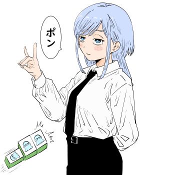 Rule 34 | 1girl, black necktie, blue eyes, blue hair, breasts, chainsaw man, commentary request, cosplay, expressionless, eyebrows hidden by hair, highres, isuke (isuke now), long hair, mahjong, mahjong tile, makima (chainsaw man), makima (chainsaw man) (cosplay), medium breasts, mizuo kurage, motion lines, necktie, profile, shirt, solo, someone hertz, translation request, upper body, white shirt