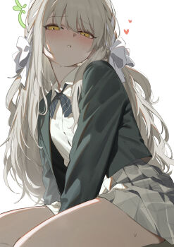 1girl absurdres between_legs blazer blue_archive blush bow choppy_bangs collared_shirt from_below green_halo green_jacket hair_bow halo hand_between_legs heoningu highres jacket long_hair long_sleeves miyo_(blue_archive) pleated_skirt school_uniform shirt simple_background sitting skirt solo wavy_hair white_background white_bow white_shirt yellow_eyes