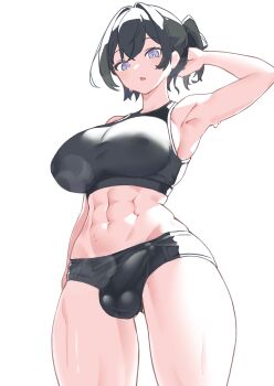 1girl abs absurdres arm_behind_head arm_up armpits black_hair black_sports_bra blue_eyes breasts chinmeritto commentary_request covered_penis covered_testicles cowboy_shot futanari highres large_breasts looking_at_viewer navel open_mouth original short_hair simple_background solo sports_bra sports_panties standing stomach sweat thighs toned toned_female white_background