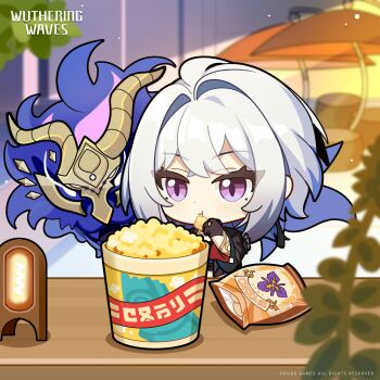 1girl black_gloves black_jacket chibi chibi_only chimera_(wuthering_waves) chips_(food) commentary copyright_notice eating english_commentary food galbrena_(wuthering_waves) gloves grey_hair highres holding holding_food jacket logo medium_hair official_art popcorn potato_chips purple_eyes tacet_discord_(wuthering_waves) wuthering_waves