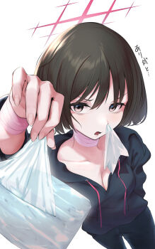 1girl absurdres alternate_costume arm_up bags_under_eyes bandaged_arm bandaged_neck bandages black_hoodie black_pants blue_archive breasts brown_eyes brown_hair casual cleavage collarbone commentary cowboy_shot dutch_angle fingernails foreshortening frown hair_between_eyes halo hay_fever highres holding_tissue hood hood_down hoodie koutannkoburia long_sleeves looking_at_viewer medium_breasts misaki_(blue_archive) open_mouth pants pov red_halo short_hair sick simple_background solo tissue tissue_box tissue_in_nose upturned_eyes v-shaped_eyebrows white_background