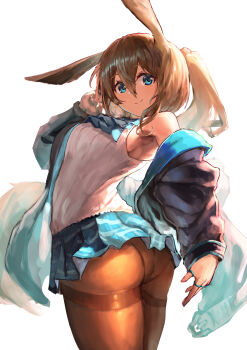 1girl absurdres amiya_(arknights) animal_ears arknights armpits ascot ass black_jacket blue_ascot blue_eyes breasts brown_hair closed_mouth hair_between_eyes hand_up highres infection_monitor_(arknights) jacket jewelry long_hair looking_at_viewer multiple_rings open_clothes open_jacket rabbit_ears rabbit_girl ring shirt simple_background sleeveless sleeveless_shirt smile solo taku57 white_background white_shirt
