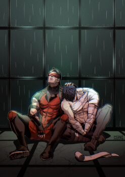 2boys abs animated animated_gif backwards_hat bandaged_arm bandaged_chest bandaged_leg bandages baseball_cap batman_(series) black_bodysuit black_gloves black_hair black_pants bodysuit boots dc_comics fingerless_gloves gloves hair_between_eyes hair_through_headwear hand_on_another&#039;s_head hat headpat indoors jason_todd jjmk-jjmk male_focus multicolored_bodysuit multiple_boys muscular muscular_male pants rain red_arrow red_bodysuit red_hood_(dc) roy_harper short_hair sitting two-tone_bodysuit visor water_drop window