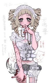 000v666 1girl belt blonde_hair blood bone bra cowboy_shot cuts drill_hair finger_in_own_mouth hairband highres holding holding_knife injury knife lace lace-trimmed_bra lace_trim lolita_hairband looking_at_viewer multiple_belts original self-harm self-harm_scar simple_background solo standing twin_drills underwear white_background white_belt white_bra yami_kawaii
