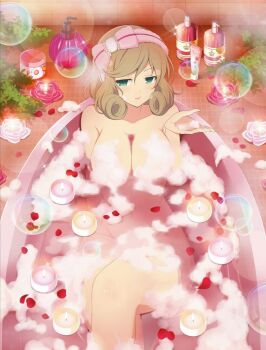 1girl bath bathing bathtub between_breasts bottle bow breasts brown_hair bubble candle cleavage completely_nude convenient_censoring cream curly_hair fire fire floating_breasts flower green_eyes hair_bow haruka_(senran_kagura) highres large_breasts light_brown_hair looking_at_viewer nude official_art one_eye_closed open_mouth partially_submerged petals petals_on_liquid pink_bow plant potted_plant red_flower red_rose rose rose_petals senran_kagura senran_kagura_new_link senran_kagura_shoujo-tachi_no_shin&#039;ei short_hair smile soap_bottle soap_bubbles soap_censor solo tile_wall tiles towel towel_on_head water white_flower white_rose yaegashi_nan