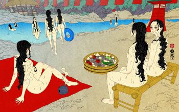 6+girls absurdres apple ball black_hair can completely_nude convenient_censoring cucumber food fruit green_apple highres holding holding_swim_ring incense incense_burner innertube long_hair looking_at_viewer multiple_girls nude onsen orange_eyes original picnic_blanket sei5osuzuki sweat swim_ring tomato vegetable water wet