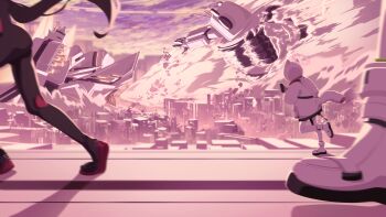 Rule 34 | 3girls, absurdres, animal ear helmet, animal ears helmet, animal helmet, battle, battle rifle, black hair, black suit, blue archive, bodysuit, boots, cat helmet, city, cloud, cloudy sky, commentary, daath (blue archive), energy blast, english commentary, formal clothes, gun, halo, highres, holding file, imminent punch, k.n.q, long hair, mecha, midori (armed) (blue archive), midori (blue archive), momoi (armed) (blue archive), momoi (blue archive), motion blur, multiple girls, neo avant garde (blue archive), official alternate costume, outdoors, pink halo, purple sky, rifle, rio (armed) (blue archive), rio (blue archive), robot, running, siblings, sisters, sky, spacesuit, spoilers, suit, weapon, white boots