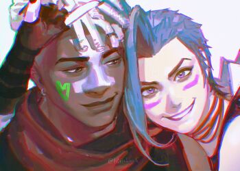 1boy 1girl arcane:_league_of_legends arcane_jinx arm_around_shoulder blue_hair brown_eyes chromatic_aberration commentary couple dark-skinned_male dark_skin dreadlocks ekko_(league_of_legends) english_commentary facepaint firelight_ekko hand_up heart hetero highres interracial jinx_(league_of_legends) league_of_legends looking_at_another nashi_y pink_eyes purple_lips red_scarf scarf short_hair sideways_glance simple_background smile teeth twitter_username undercut upper_body white-haired_man_(jimini_shijimi) white_background