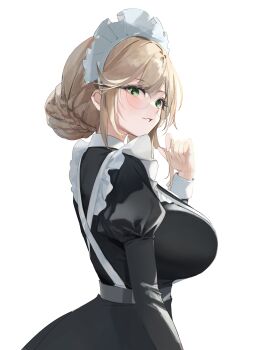 absurdres ade_(nikke) bbul_horn blonde_hair braid breasts from_side goddess_of_victory:_nikke green_eyes hair_between_eyes hair_bun hair_intakes highres large_breasts light_blush looking_to_the_side maid maid_headdress open_mouth sidelocks twirling_hair victorian_maid white_background