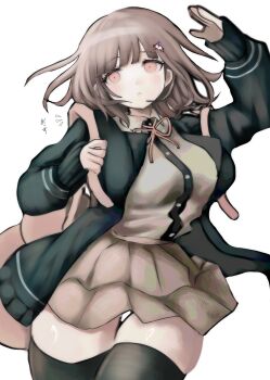 Rule 34 | 1girl, blush, breasts, brown hair, brown skirt, collared shirt, danganronpa (series), danganronpa 2: goodbye despair, flipped hair, hair ornament, highres, hood, ikemen'na ore-shi, jacket, long sleeves, looking at viewer, medium hair, nanami chiaki, neck ribbon, open clothes, open jacket, pink bag, pink eyes, pink ribbon, pleated skirt, ribbon, shirt, skirt, solo, thighhighs, two-tone shirt, white shirt