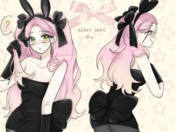 1girl :o ? alien_stage animal_ears artistic_error asheriou black_bow black_dress black_gloves bow breasts character_name cleavage commentary copyright_name dress fake_animal_ears glasses gloves grey_pantyhose highres holding holding_own_hair long_hair mizi_(alien_stage) multiple_views official_alternate_costume pantyhose pink_hair rabbit_ears short_dress smile spoken_question_mark star_(symbol) strapless strapless_dress two_side_up very_long_hair yellow_eyes